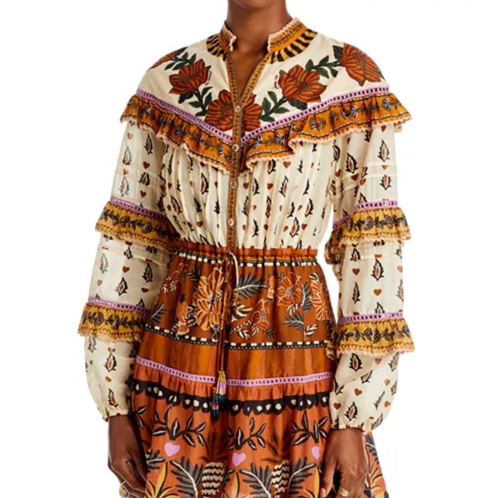 FARM Rio Resort Mini Dress with Mandarin Collar and Bishop Sleeves